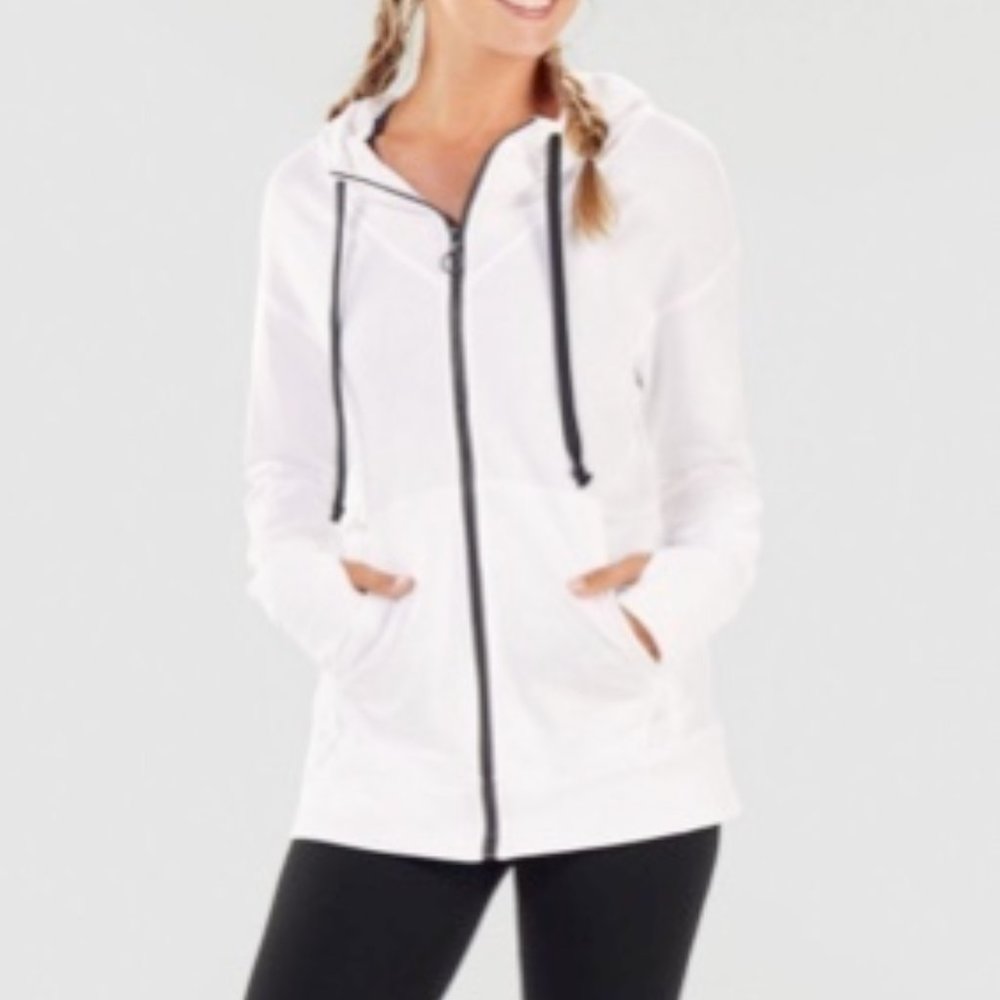 EUC Fabletics oversized White Zip-Up Utility Hoodie jacket with Black Trim
